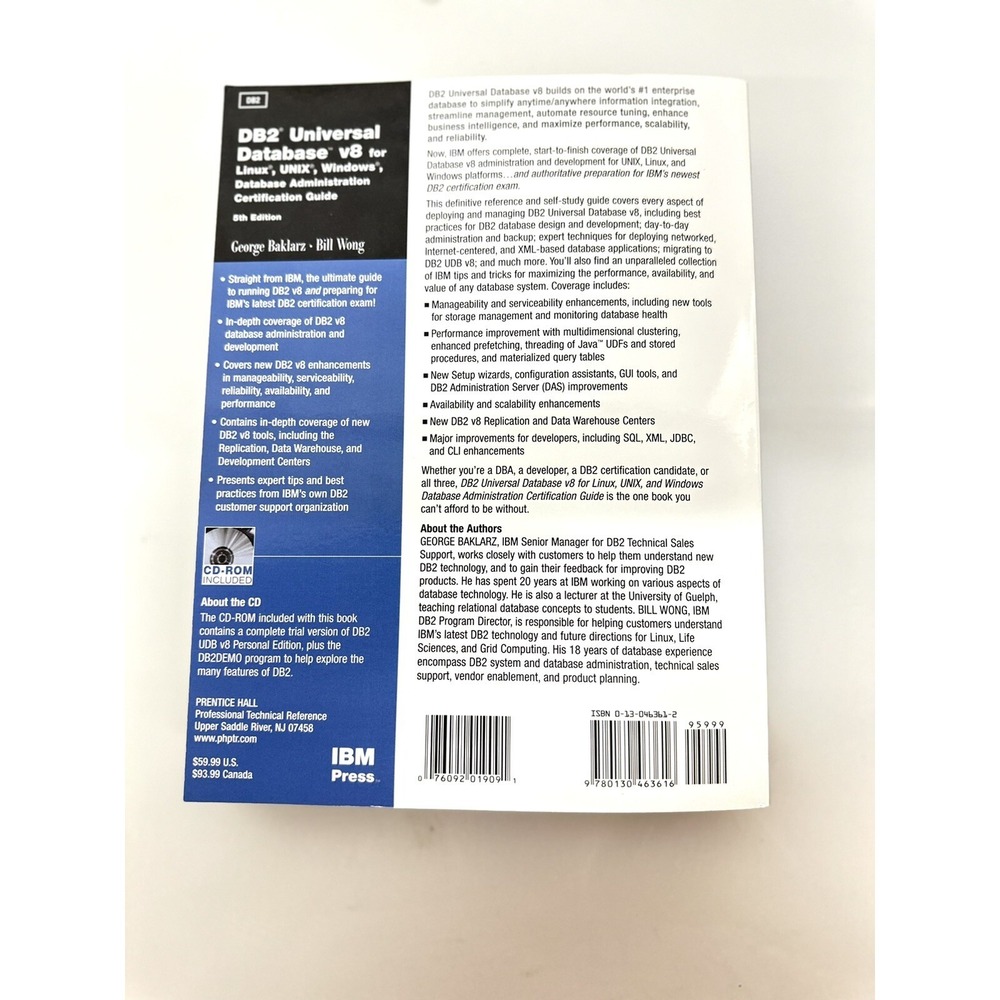 DB2 UNIVERSAL DATABASE V8 FOR LINUX, UNIX, AND WINDOWS By George Baklarz with CD - Picture 4 of 8